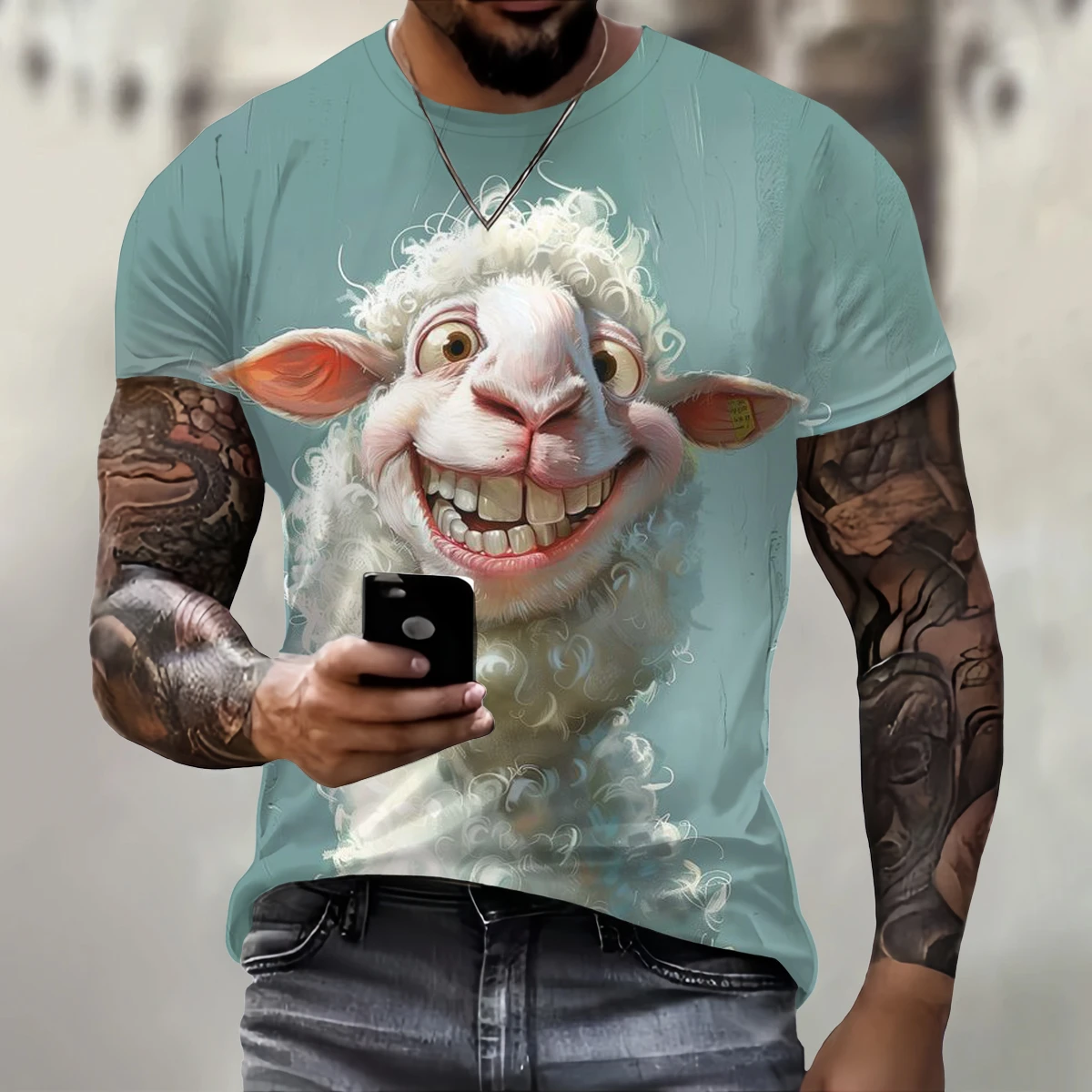 Ropa de Hip Hop de tendencia, camiseta divertida con estampado de ovejas en 3D para hombres, camiseta informal de calle de manga corta con cuello