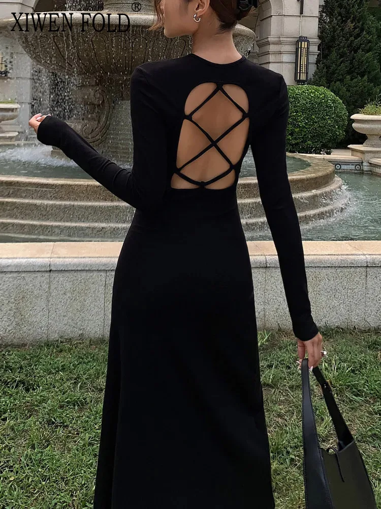 

XIWEN Backless Hollow Out Split Solid Color High Waist Hip Warp Dress Elegant Chic Design Women's Dress 2024 Summer New XF2555