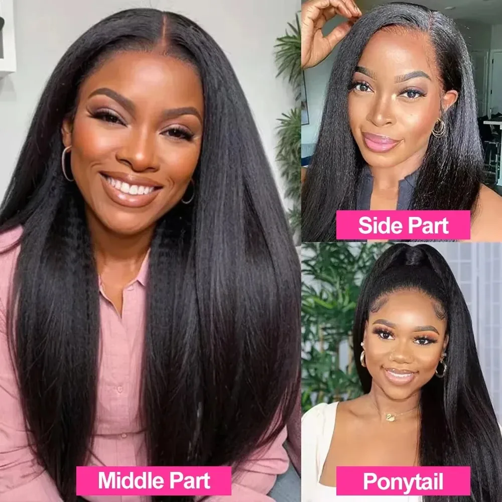360 Invisible Drawstring  Kinky Straight Wig Full Lace Yaki Straight Human Hair Wig Pre Plucked 250% Density 34inch For Women