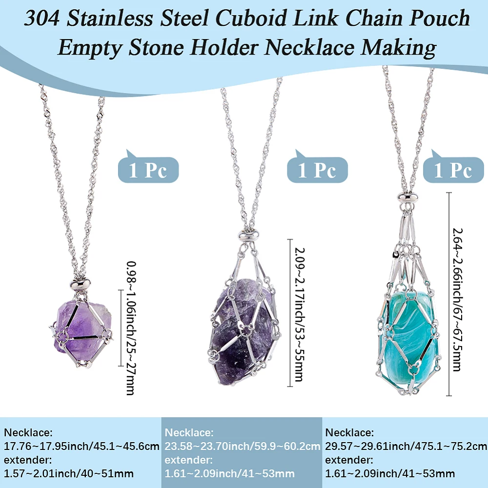 1 Box 3Pcs Stone Holder Necklace 304 Stainless Steel 3 Sizes Cage Pendant Necklaces Adjustable Macrame Pouch