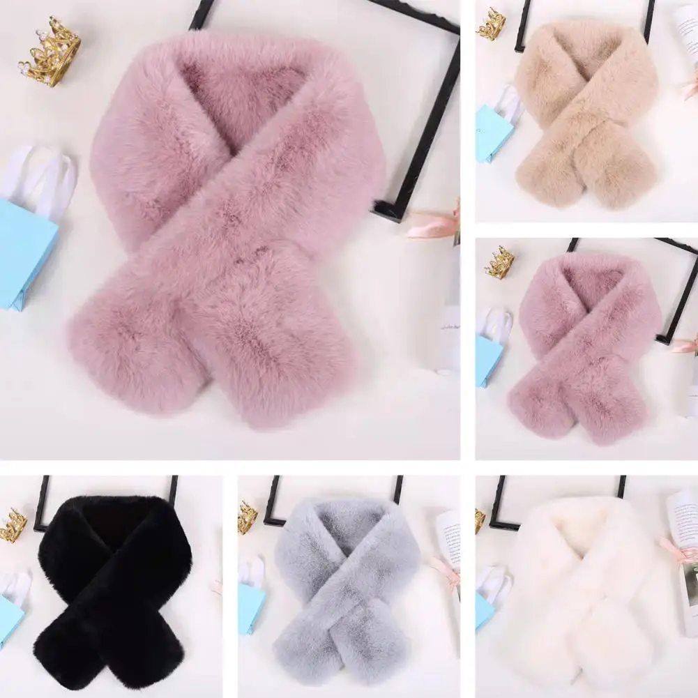 Cross Scarf Faux Rabbit Fur Thickened Soft Cozy Plush Cold Resistant Solid Color Autumn Winter Women Neck Warmer Collar Scarf