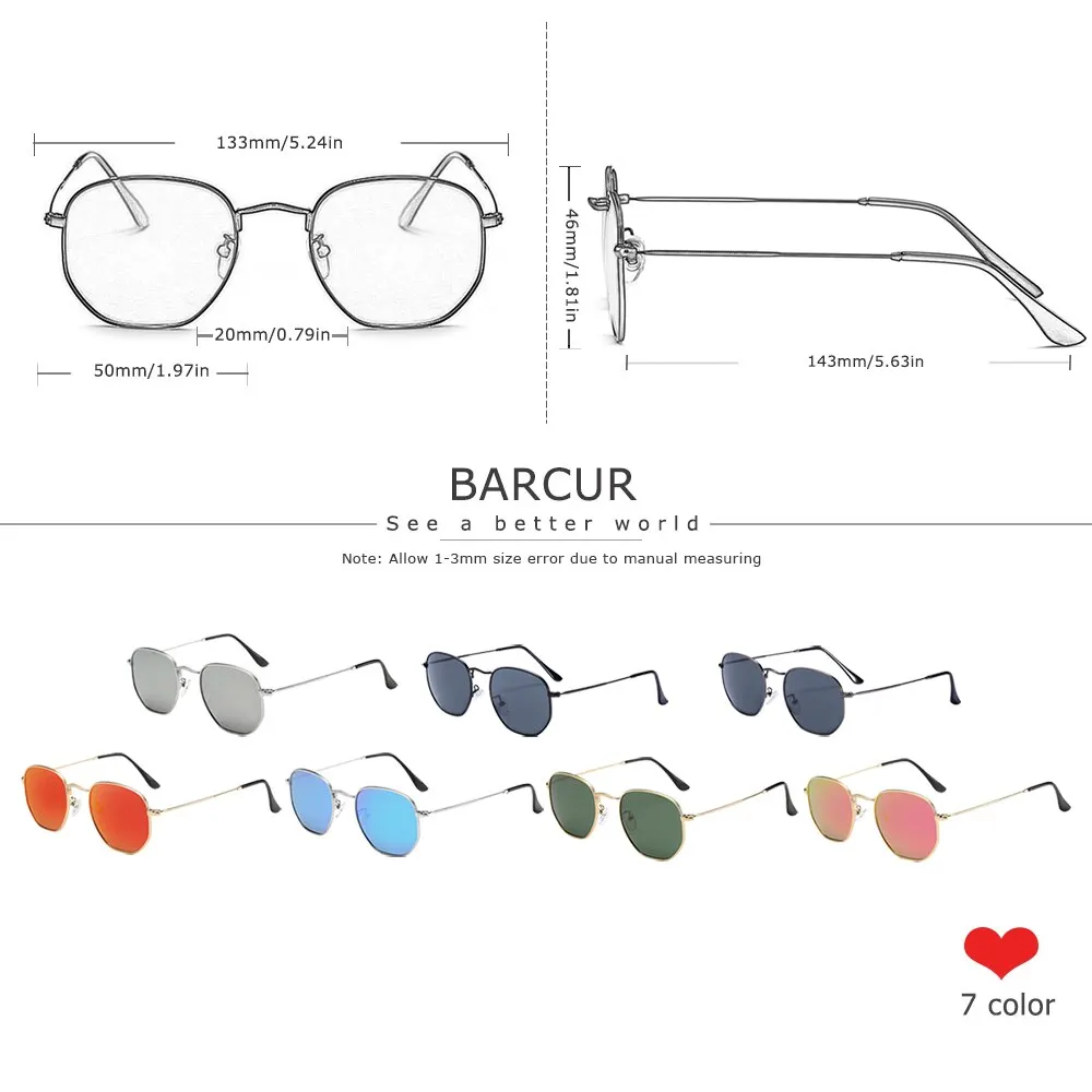 BARCUR Classic Retro Small Square Sunglasses Man Hexagon Sun Glasse Metal Frame Eyewear With Box Oculos De Sol Gafas