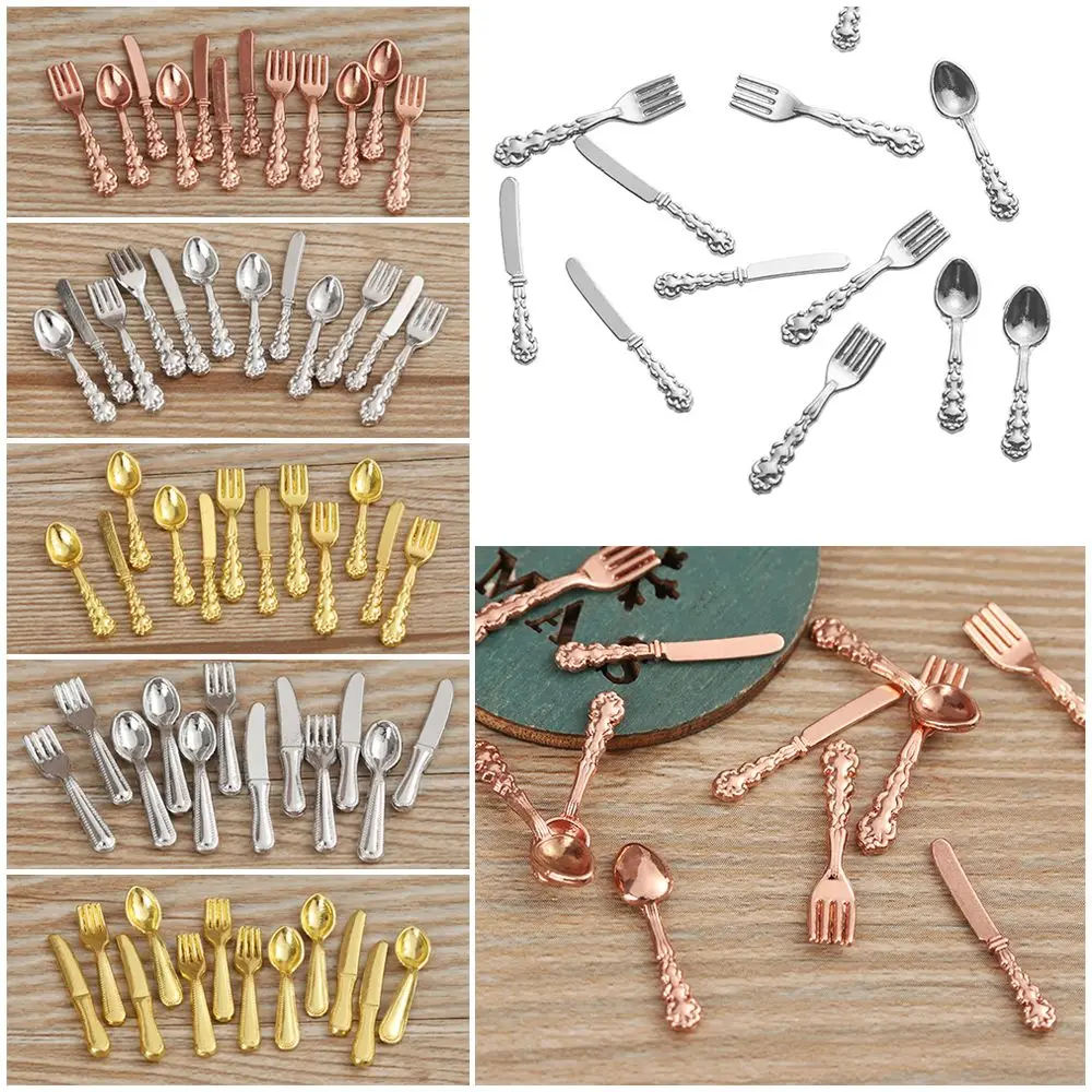 12PCS Gold Silver 1:12 Scale Simulation Toy Dollhouse Furniture Mini Cutlery Doll Accessory Fork Knife Spoon Miniature Cookware