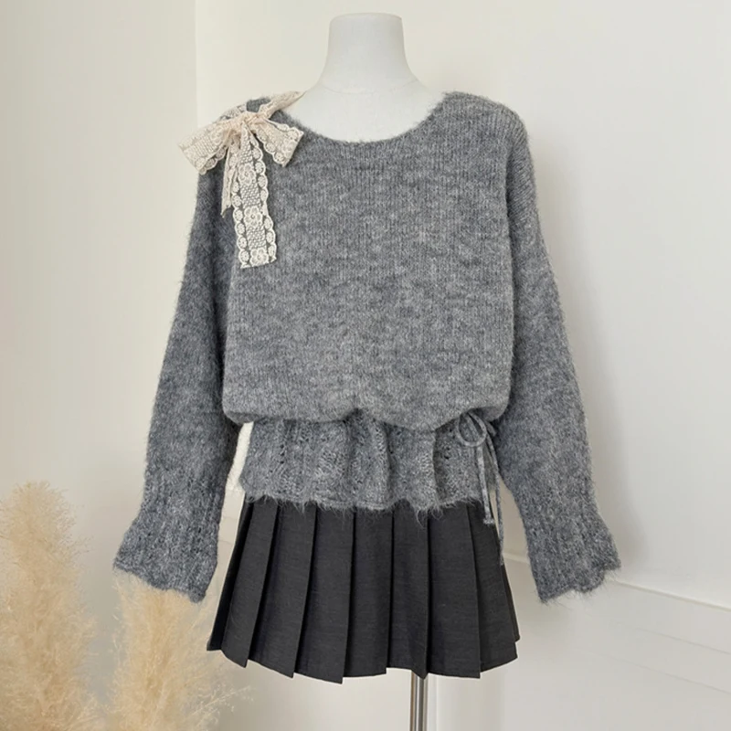 Кружевной ажурный вязаный свитер, фиолетовый, с длинным рукавом, женская одежда, свободный повседневный трикотаж с поясом и тонкой талией, вязаный джемпер