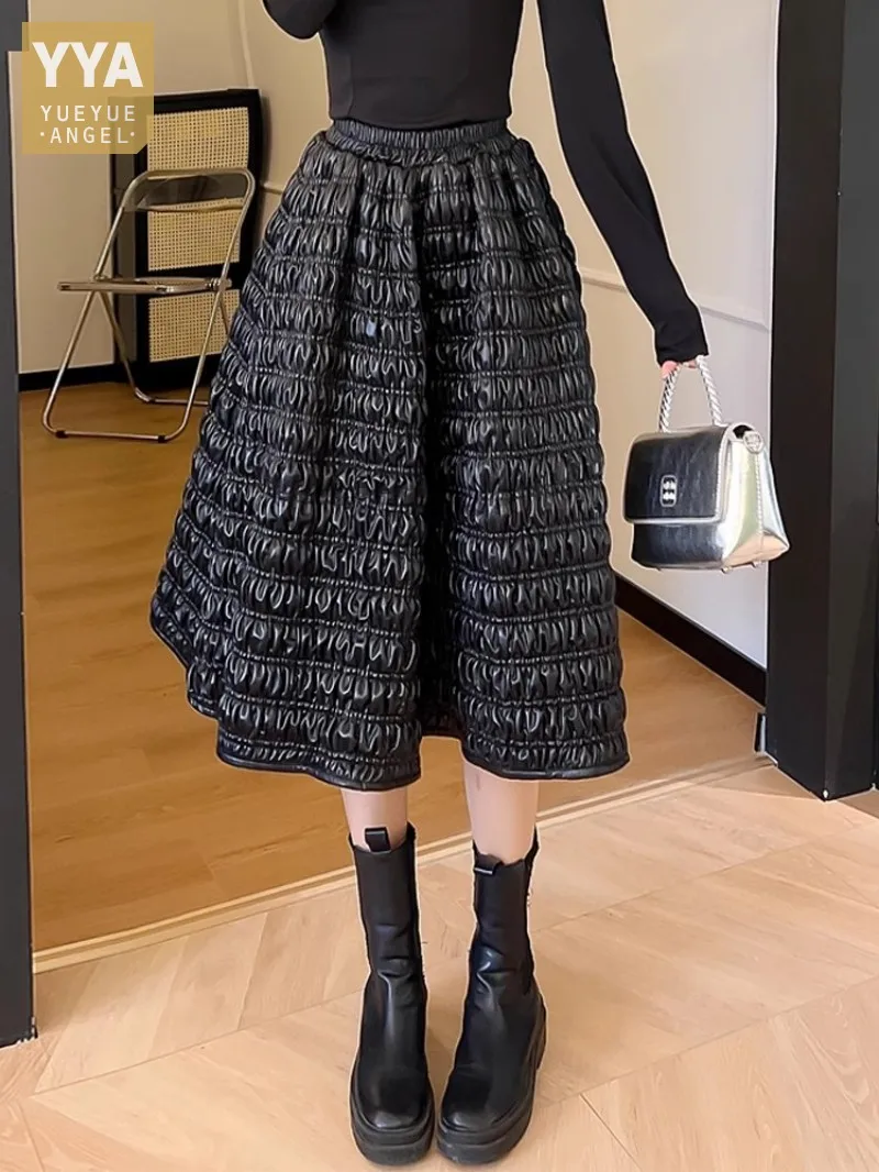 Sweet Ladies High Waist Pleated Ball Gown Mid Long Sheepskin Genuine Leather Skirts Elegant Women French Style Party Skirt 4XL