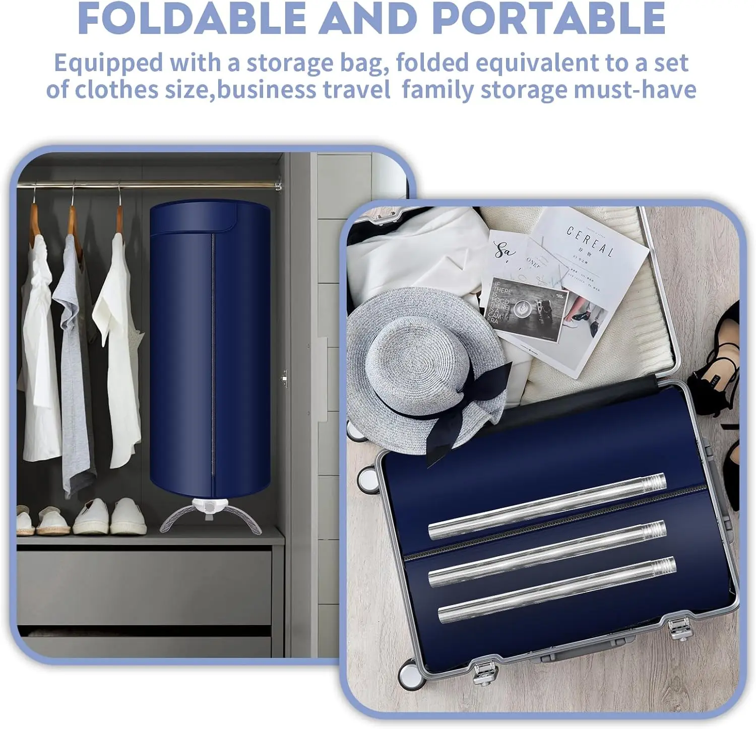 مجفف ملابس محمول بقدرة 900 وات - سعة كبيرة، مجفف قابل للطي للمنزل والسفر والمركبات الترفيهية