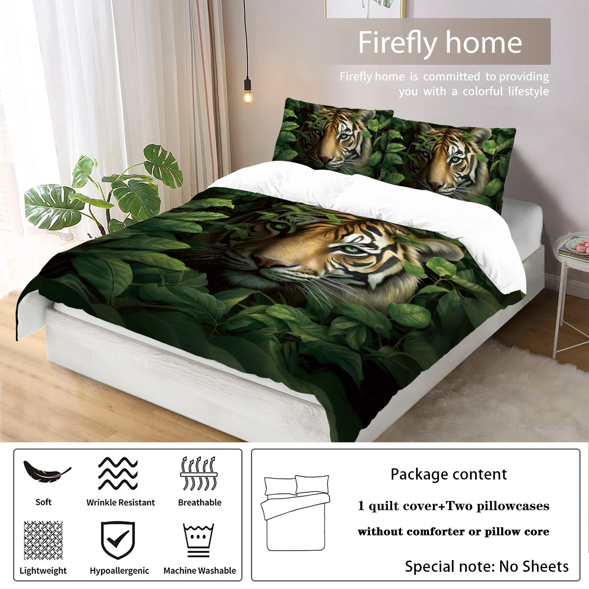 3 pieces of down set jungle animal tiger pattern (1 down duvet cover+2 pillowcases, no core) Bedroom bedding