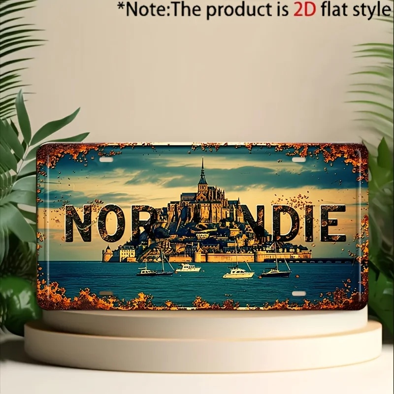 2D Flat, 2D Flat- for Decorative Use Solely, Vintage French Normandy Mont Saint-Michel Seascape Metal Decorative Plaque And O