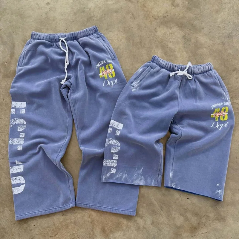 Unisex Sweatpants Washed Blue Loose Fit Long Pants Shorts Graphic Print Drawstring Waist Y2K Streetwear Casual Summer Bottoms
