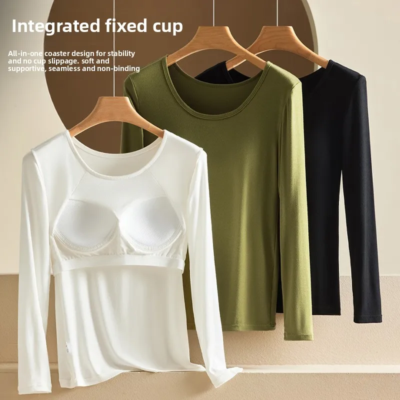 Camiseta larga de Modal de una pieza para mujer, ropa de otoño, sin necesidad de sujetador, capa Base irt, falda de cintura alta, pantalones