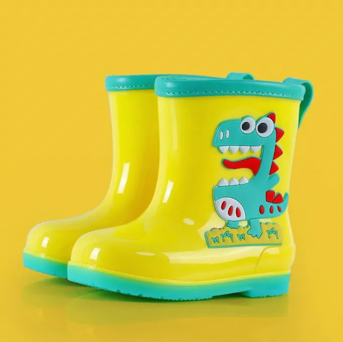 Rain Boots Kids Girl Cute 3D Rainboots Dinosaur Children\'s Boys Boots Plush Warm Ankle PVC Waterproof Toddler Water Shoes