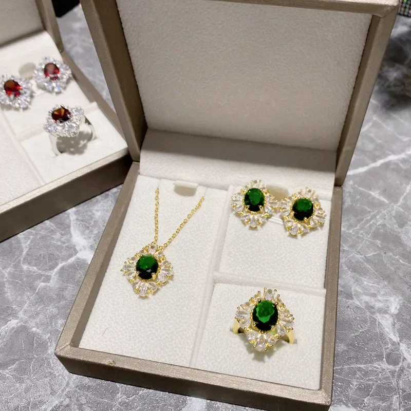 

MDLJewelry!Europe and the United States retro full of diamonds imitation sapphire earrings pendant ring female color jewelry set