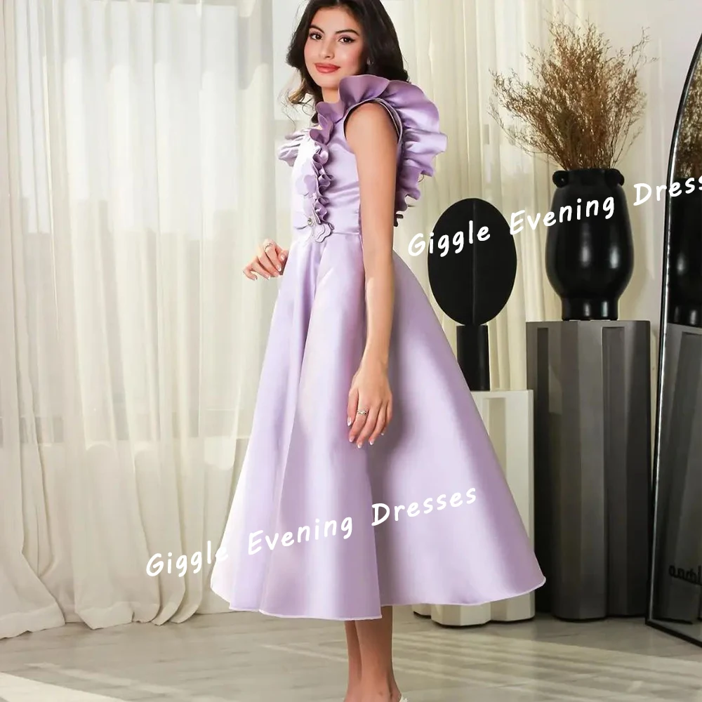 Giggle Satin Square Collar Tiered Flowers Elegance Prom Gown Saudi Arab Ruched Tea-Length Evening Party Dresses for Women 2024