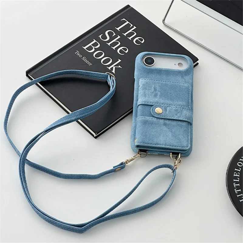 

Crossbody Lanyard Denim Texture Leather Case For iPhone 17 Air 16Pro Max 15Pro 14 Card Pocket Makeup Mirror Shockproof Cover