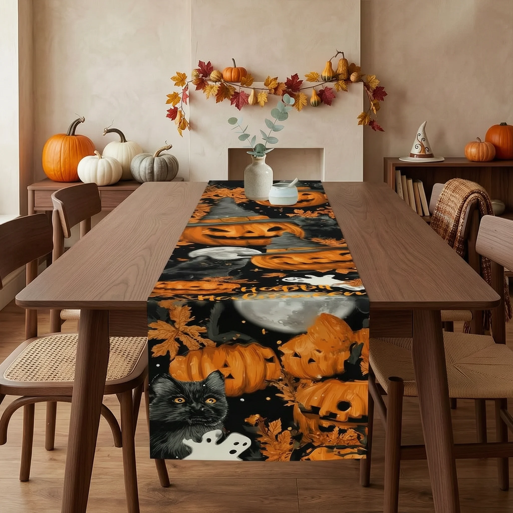 Halloween Spooky Table Runner, 2D Flat All Seasons Festive Decor, Year-Round Tabletop Centerpiece for Dining Table Party Home