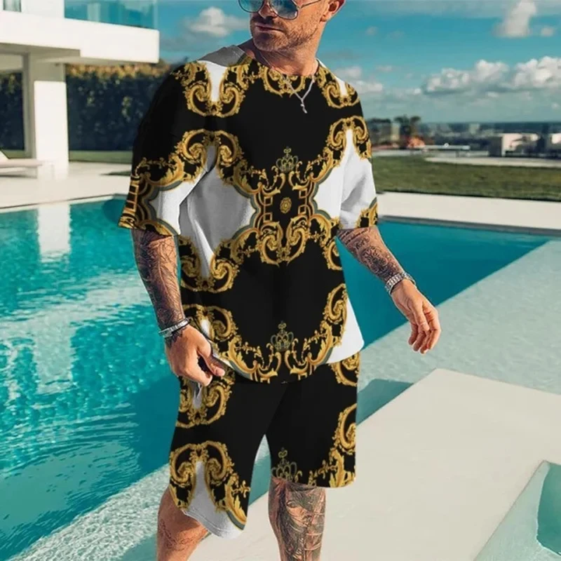 Summer New Men\'s T-shirt Set Baroque Style Gold Flower 3D Printed Tee Short Shorts Set Street Casual Vintage Tracksuit 2pcs Suit