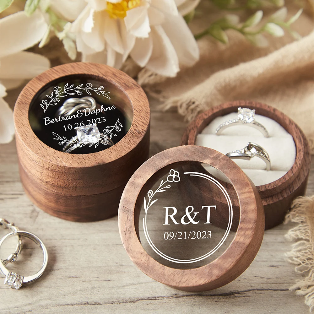 Personalized Wooden Wedding Ring Box with Clear Acrylic Cover Custom Engraved Engagement Proposal Holder Bridal Gift For Her