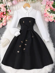 Girls Autumn Long-Sleeved Lapel Button Fashion Stitching Contrast Color Dress