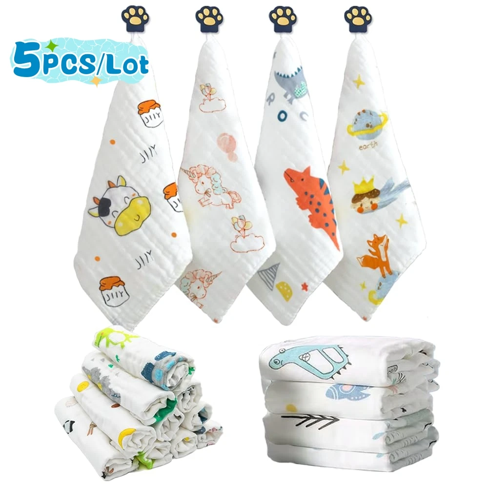 5PCS/Lot Newborn Baby Face Wash Towels Muslin 100% Cotton Soft 6 Layer Gauze Handkerchief Washcloth Baby Feeding Bibs Burp Cloth