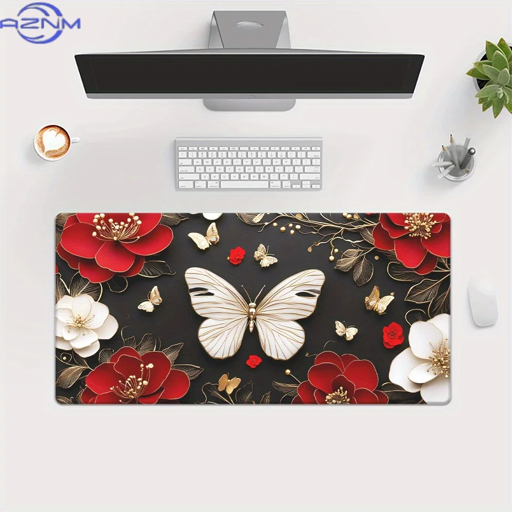 1pc, Beautiful Butterflies and Red Flowers, HD Printed Pad for Desk, Multi Functional XXL Mousepad, Keyboard Gaming Mouse Mats,