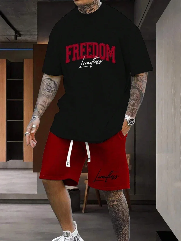 

Summer Men's Vacation Travel Set Summer New Men's Fashion Two Piece Letter Print Round Neck T Shirt Sport Drawstring Short