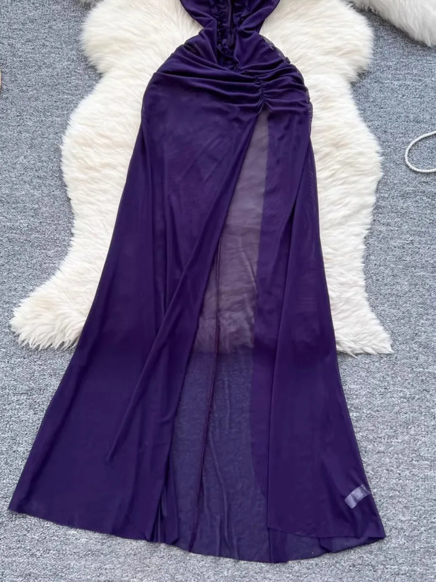 Foamlina วันหยุด Ready Mesh Halter ชุดสตรีฤดูร้อน SHEER จีบเอว High Slit ยุโรปอเมริกัน INS ชุดอินเทรนด์