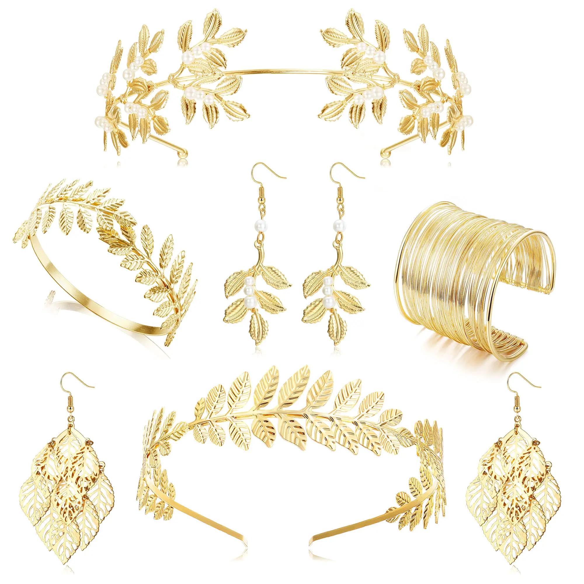 

Set of 6 Greece Goddess Costume Accessories Set Women's Gold Bay Leaf Crown Headband Upper Arm Cuff Cuff Bracelet Pearl Leaf Dro