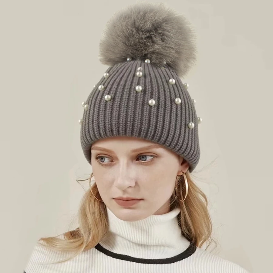 

Real Fox Fur Pompom Hats For Women Warm Cashmere Wool Pearl Beanie Warm Knitted Hat Winter Girls Beanies Skullies Female Cap