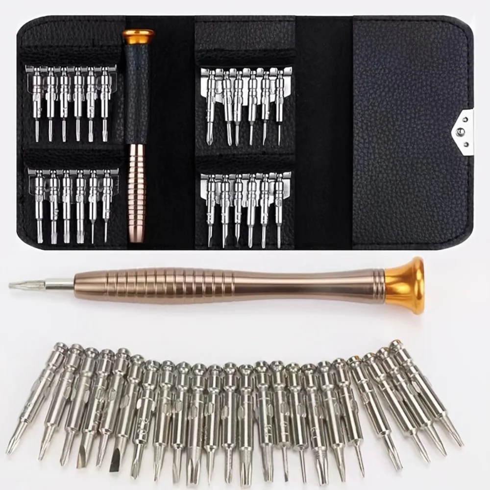 25-in-1 Manual Screwdriver Multi-Functional Bit Combination Set, Household Mobile Phone and Small Appliance Disassembly and Repair Tool Set with Leather Case Packaging