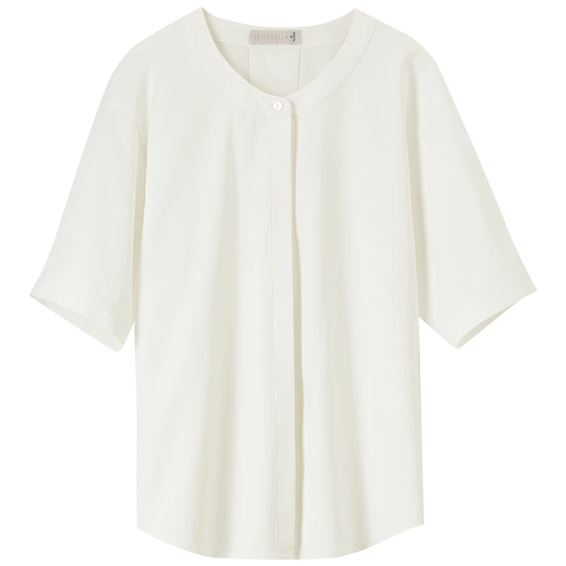 SENTUBILA Office Lady Women Shirt 2025 Summer Loose Fit Half Sleeve Solid Covered Button Basic Blouse Woman Clothing 152C59367