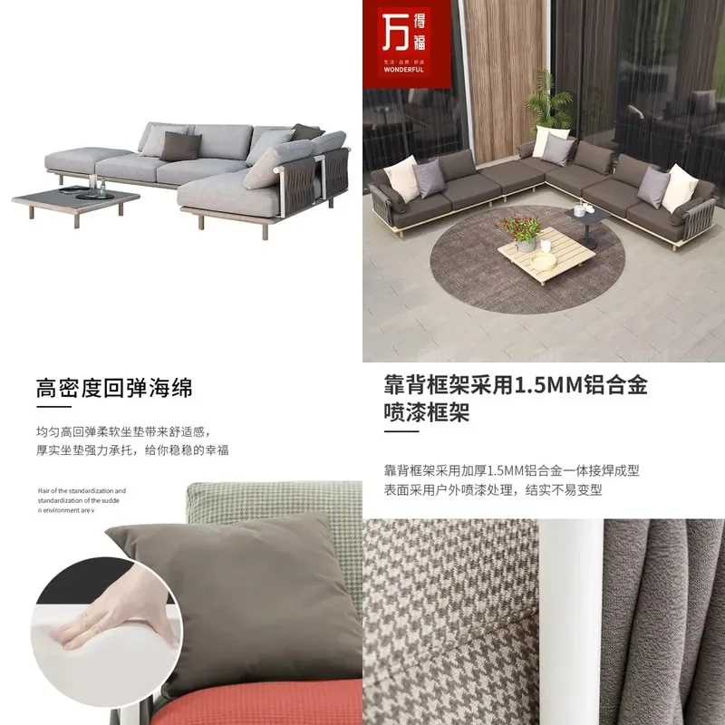 Nordic Outdoor Rattan Sofa Set Waterproof Sunproof Teak Rope Couch for Garden Courtyard Balcony Patio Leisure Furniture