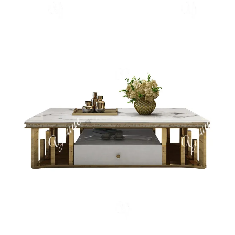 N63 MINGDIBAO Minimalist Sticking Seashell Coffee Table in Gold Stainless Steel Frame Natural Marble Tea Table Living Room Furni