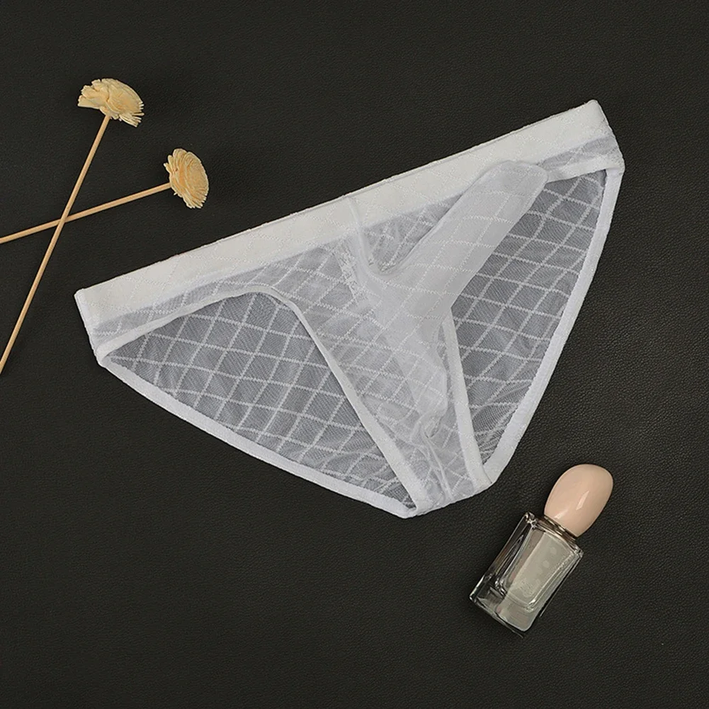 

Sexy Men Mesh Panties T-Back Pouch Elephant Nose Underwear Low Waist Panties Lattice G-String Briefs Thong See Through Underpant