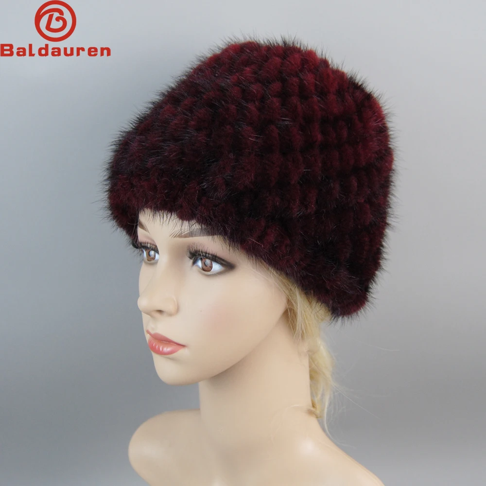 

2024 Fashion Real Natural Mink Hats For Women Winter Knitting Ear Warm Two-color Match Cap Cross-weave With New Fashion Fur Hat