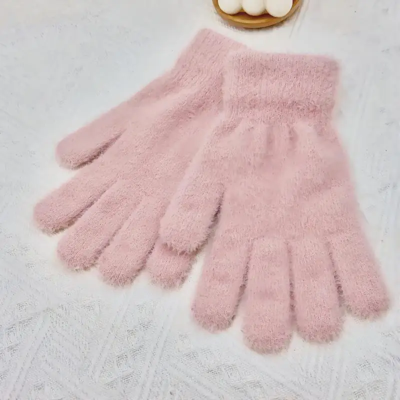 Moda de Corea para mujer, bonito Otoño Invierno, montar, Color sólido, felpa, cómodo, frío, cálido, peludo, tejido, bonitos guantes de lana