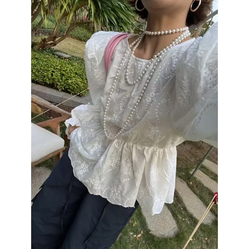 Blusa feminina estilo coreano em torno do pescoço bordado babados cintura pura colheita topo outono novo simples camisas de manga longa senhora