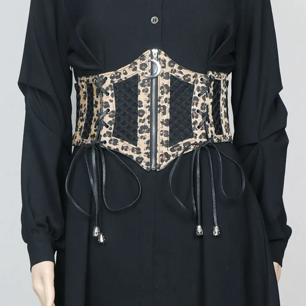Ciondolo con cerniera lunare Cintura con stampa leopardata Cintura con corsetto cavo in pelle PU Cintura a vita alta Cintura larga