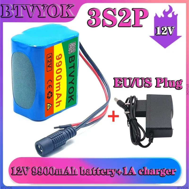 Batteries lithium rechargeables avec BMS, carte de protection, chargeur, 12V, 9900mAh, 3S2P, 18650, 9.9 Ah, Eddie ion