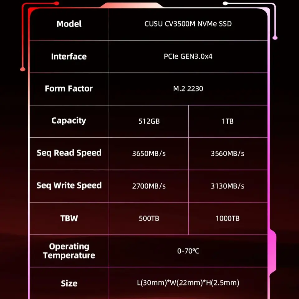 CUSU SSD 2230 M.2 3500MB/s 512GB 1TB NVMe M2 Hard Disk PCIe3.0x4