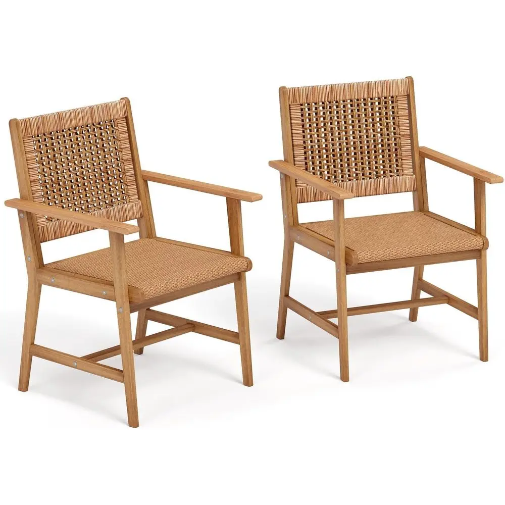 

All-Weather Large Outdoor Dining Chairs Set of 2 with Armrests, Teak Wood Chairs featuring Rattan Seats and Backs for Garden, Po