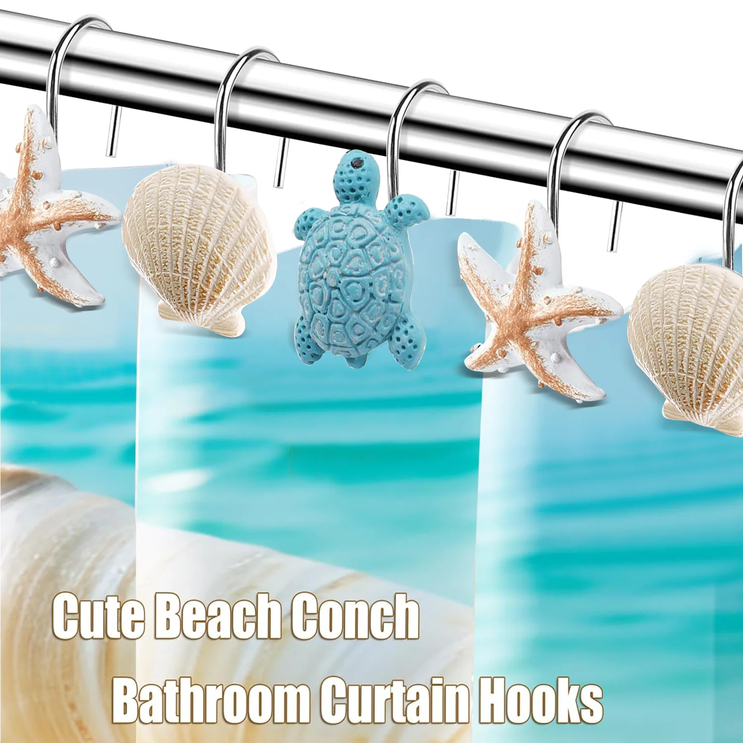 12PCS Seashell Turtles Shower Curtain Hooks Rings
