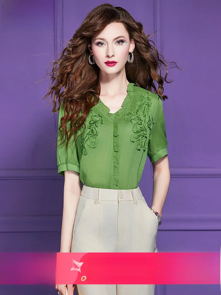 

Green Short Sleeve Women's Shirt Slim Fit V-Neck Design Summer Fashion Elegant Style Bamboo Rayon Blend Casual Top