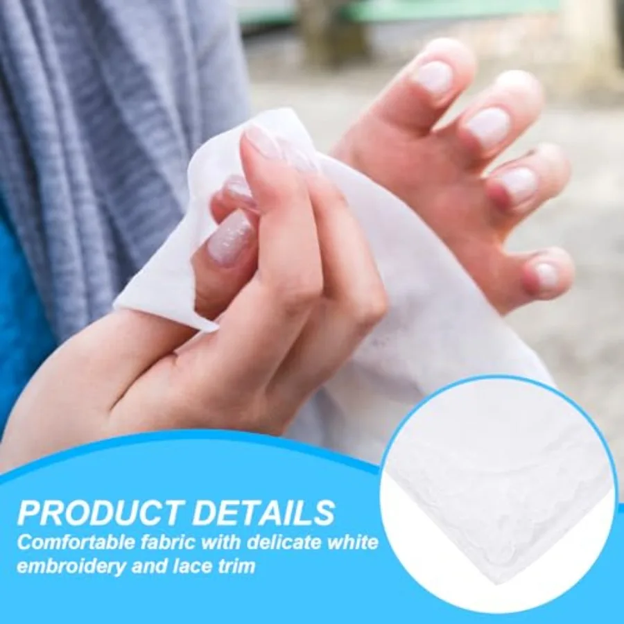 3 PCS White Soft Cotton Handkerchiefs for Women with Elegant Embroidery Lace Pure Color Square Hankies for Daily Use Perfect Ac