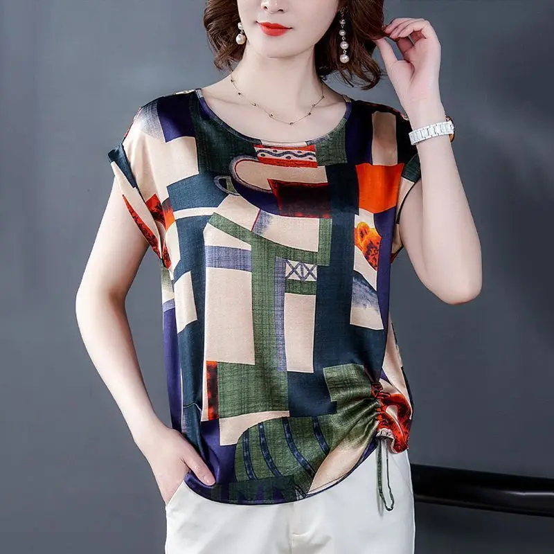 

Fashion Contrasting Colors Spliced Printed T-shirt Summer Casual Shirring Female Clothing Loose O-Neck Short Sleeve Pullovers