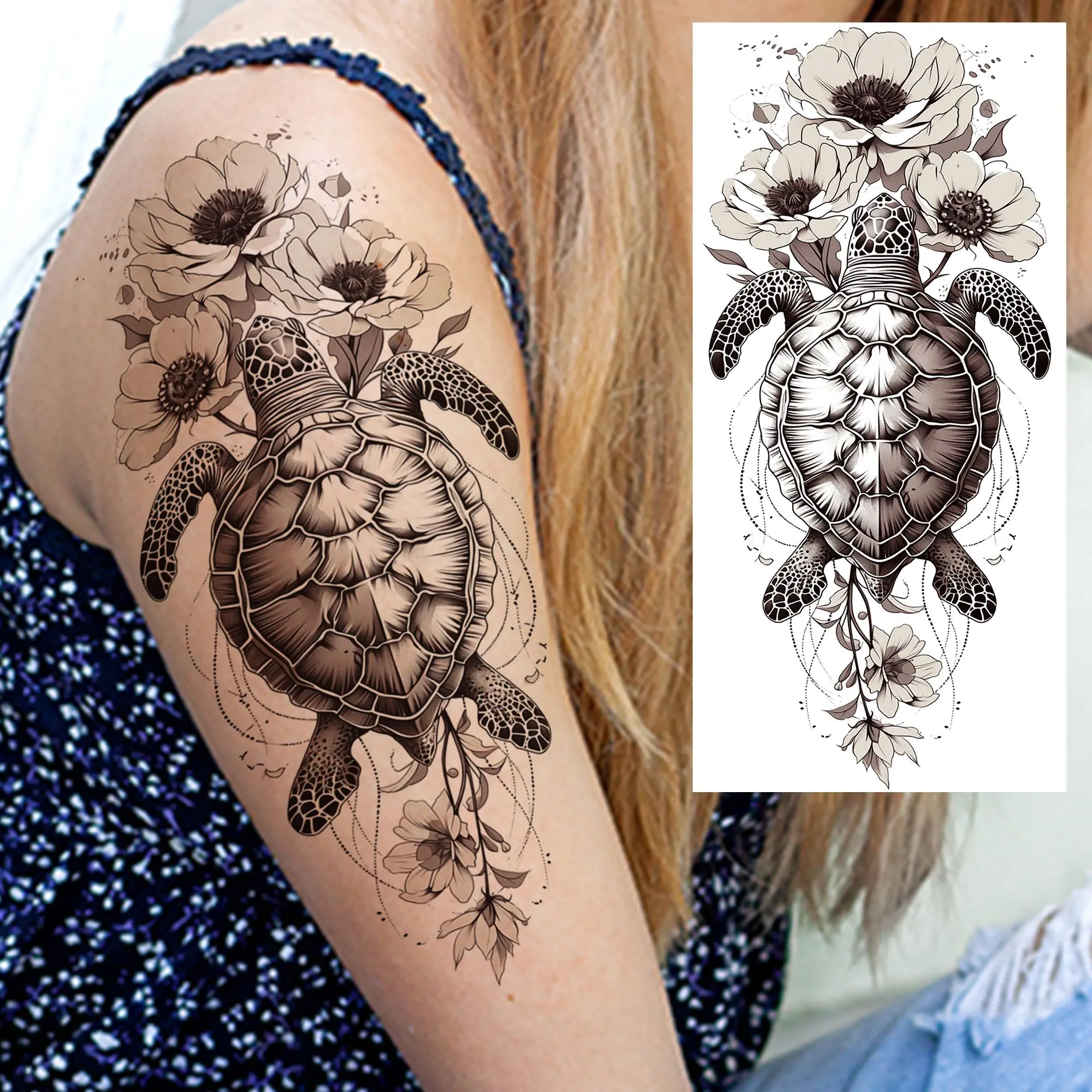 Afbeelding 4: 1 vel schildpad olifant bloemen tijdelijke tatoeages voor vrouwen meisjes schets pioenroos bloemen tatoeages waterdichte nep tattoo sticker