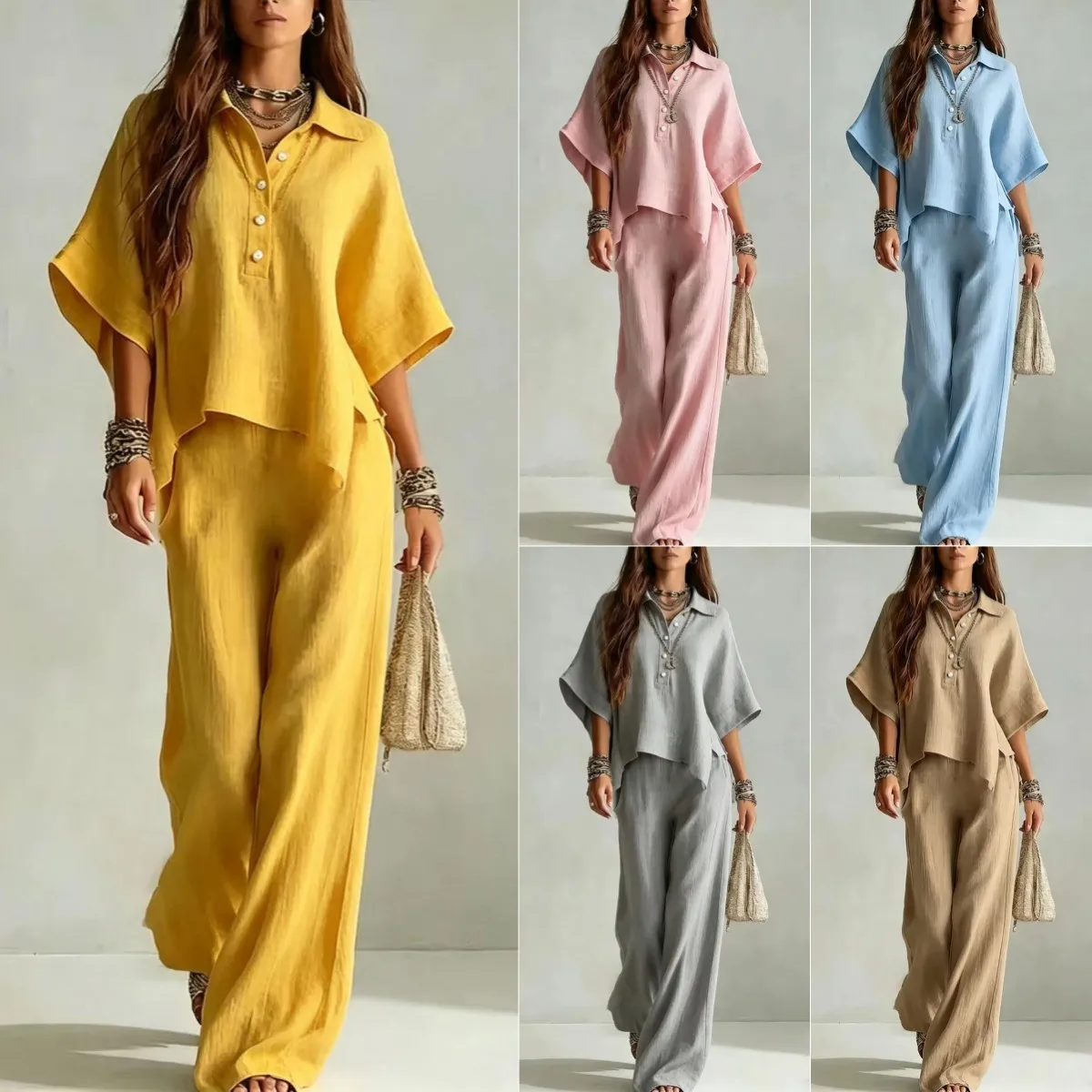 New 2026 Summer Women Loose Half Sleeve Button Down Lapel T-shirt Tops + Wide-leg Pants Female Casual Two-piece Clothing Set