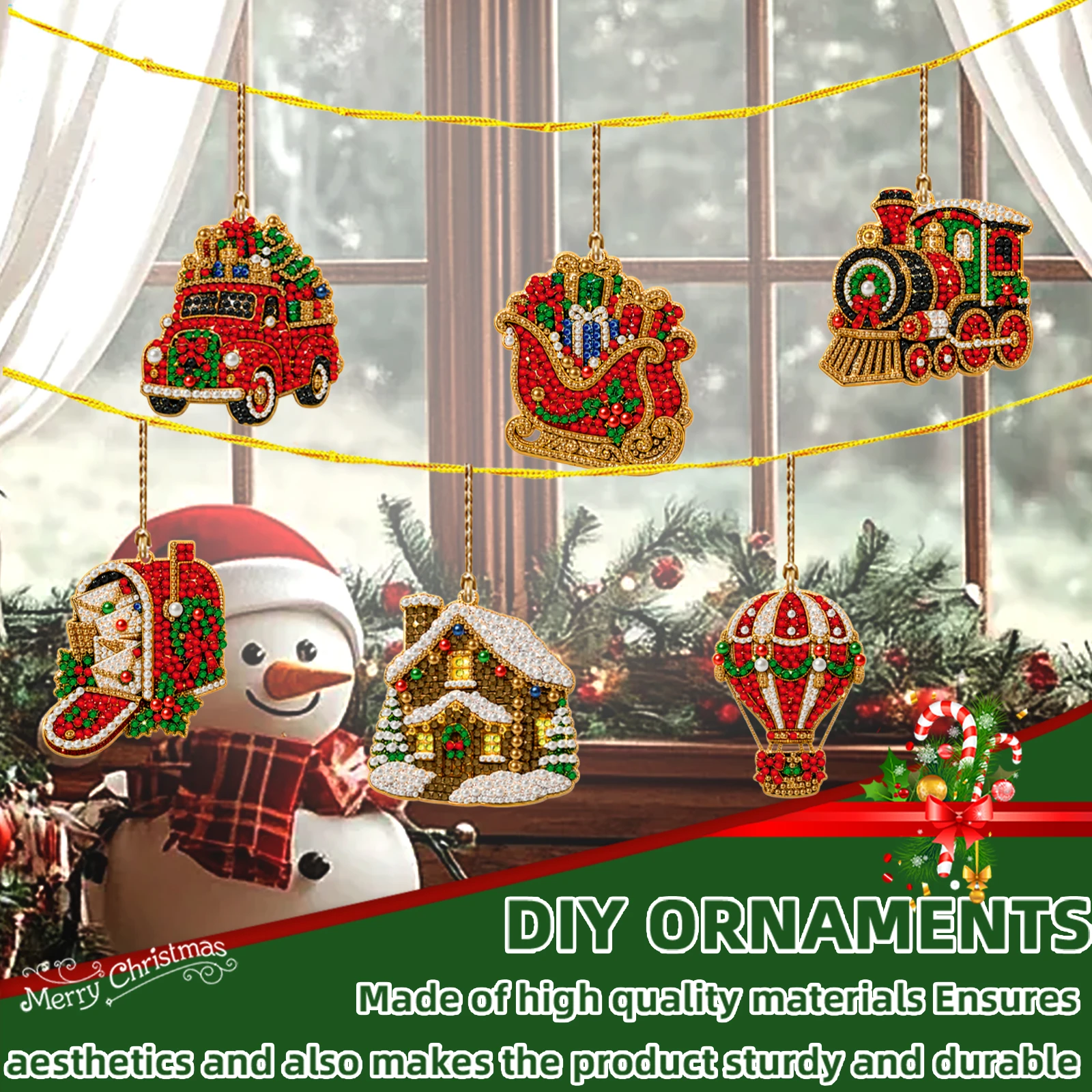 DIY Diamond Dot Christmas Ornaments 6pcs Acrylic Pendant Kit Rhinestone Pearl Hanging Decoration Craft Tools Set
