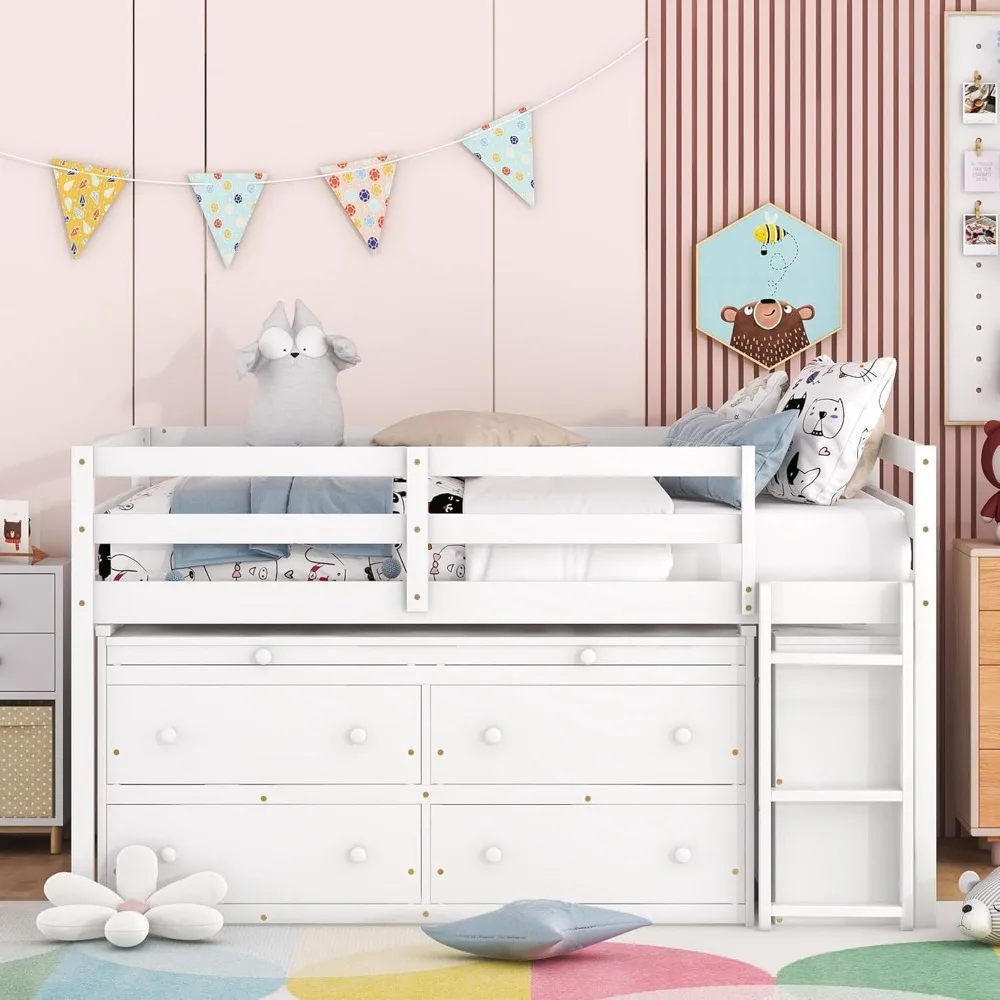 Modern Farmhouse Junior Loft Bed for Kids Boys Girls Full Size Loft Bed With Portable Desk & 4 Drawers Base Beds and Frames Home