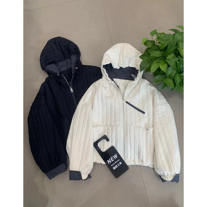 

Женская куртка в полоску с капюшоном в стиле ретро, осенняя однотонная свободная короткая хлопковая стеганая куртка, легкая повседневная женская верхняя одежда