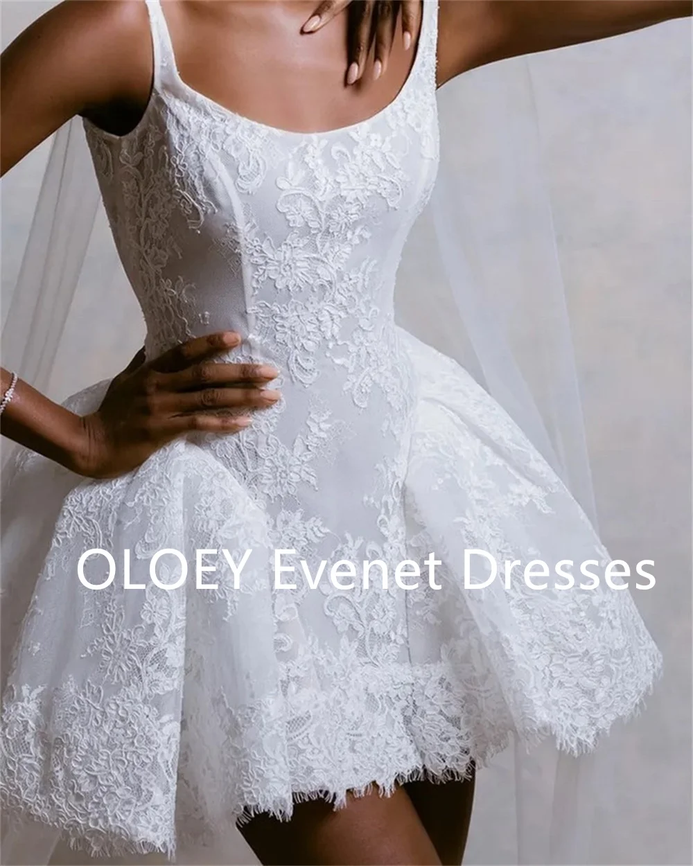 

OLOEY Sexy Lace Short Wedding Dresses with Tulle Scarf Pleats A Line Fluffy Mini Bridal Gowns Sleeveless Free Customized